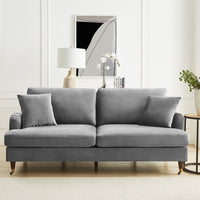 Brigette 3-Seater Grey Velvet Sofa with Antique Brass Castor Legs