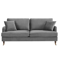 Brigette 3-Seater Grey Velvet Sofa with Antique Brass Castor Legs