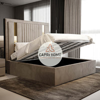 Skyline Golden Strip Linear Stripe Line Upholstered Bed, Golden bed, stripe bed, glass bed, mirror bed