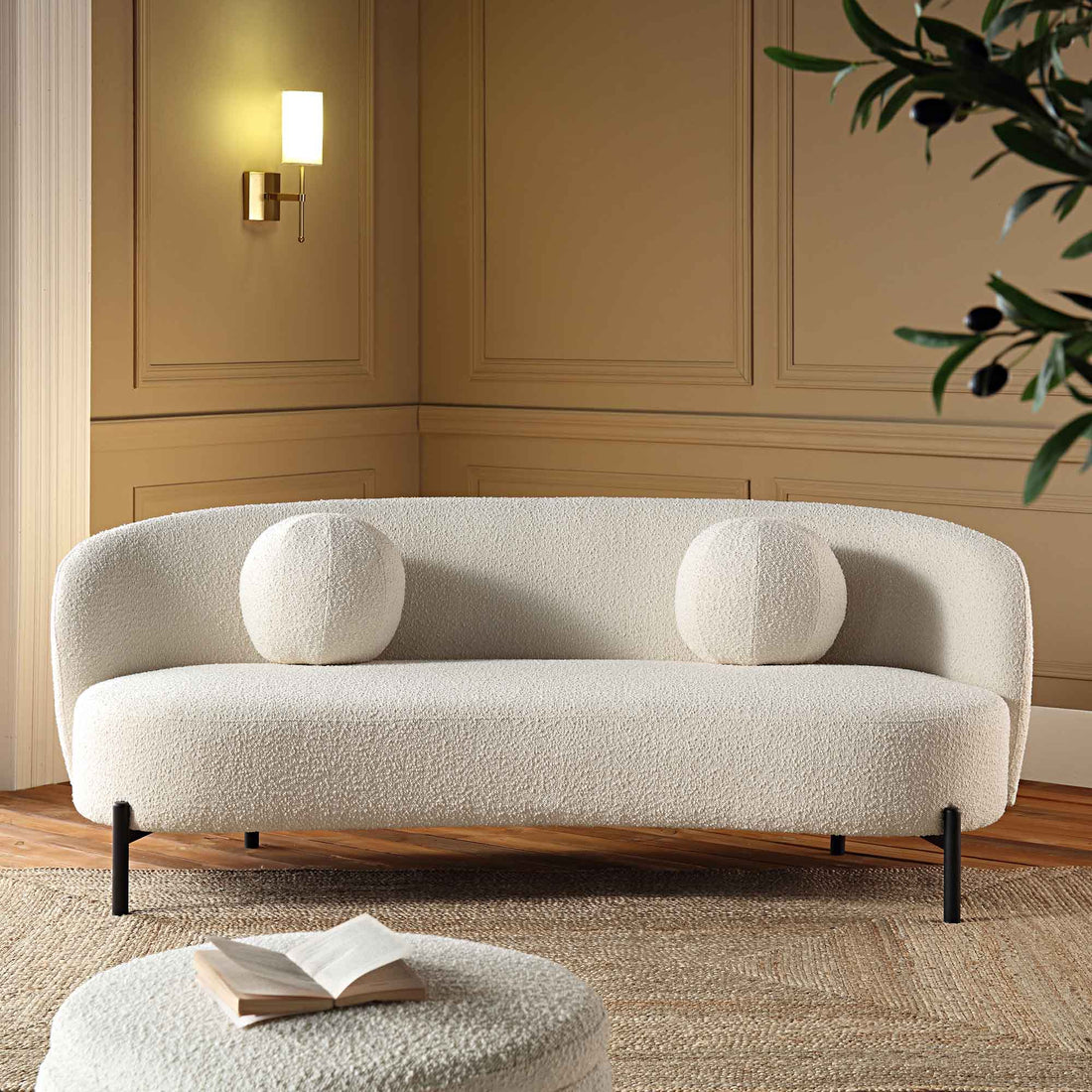 Amboise 3-Seater Curved Sofa with Ball Cushions, Ecru Boucle