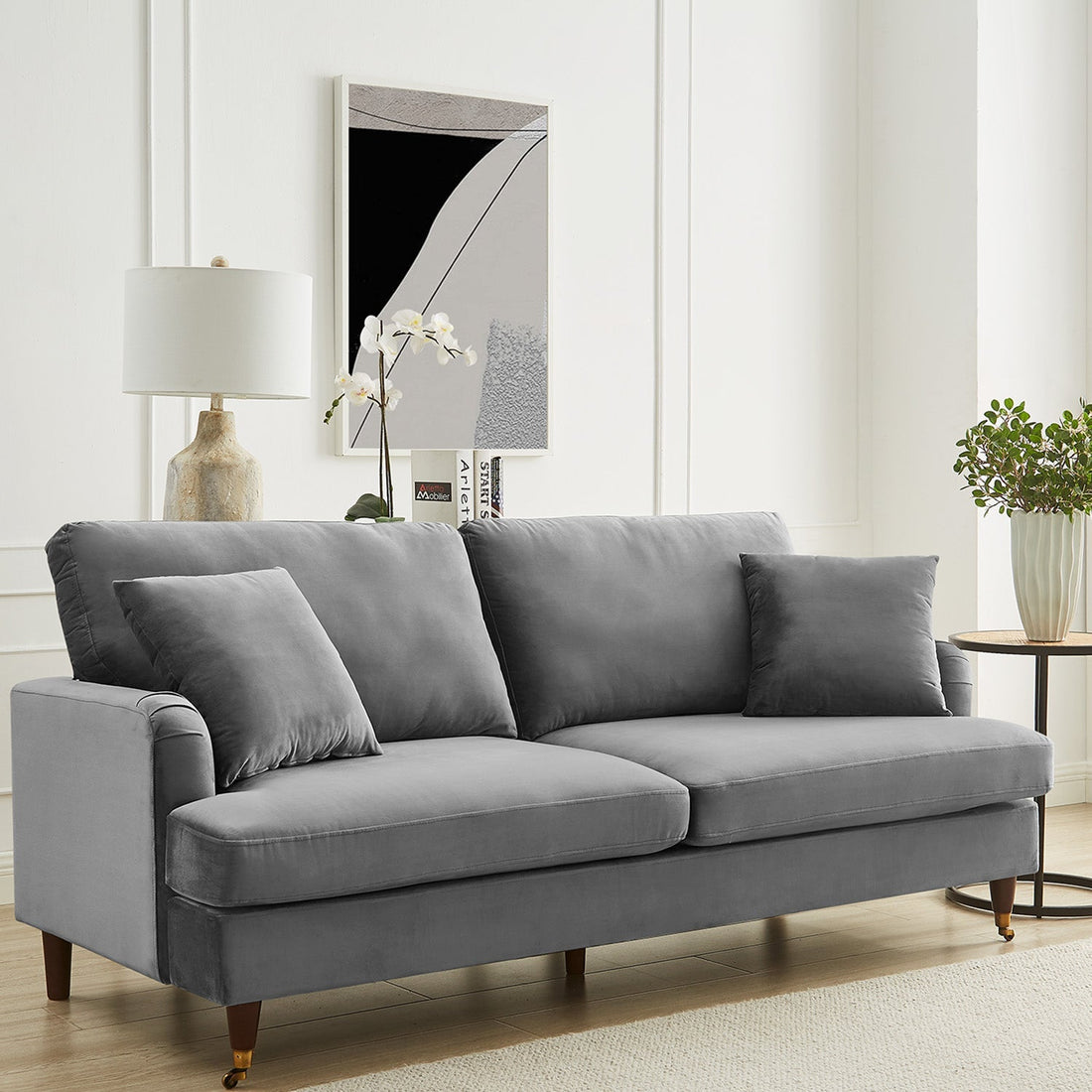 Brigette 3-Seater Grey Velvet Sofa with Antique Brass Castor Legs