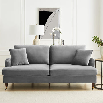 Brigette 3-Seater Grey Velvet Sofa with Antique Brass Castor Legs