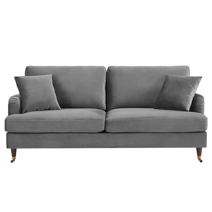 Brigette 3-Seater Grey Velvet Sofa with Antique Brass Castor Legs