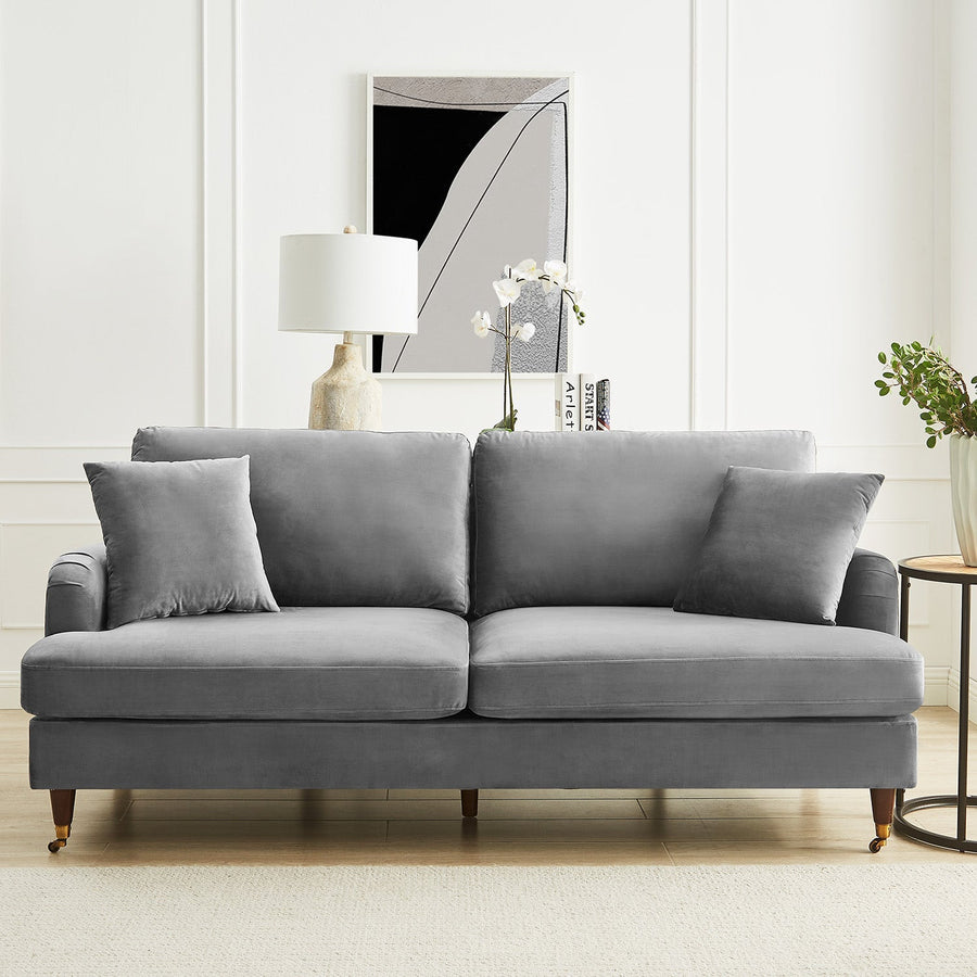 Brigette 3-Seater Grey Velvet Sofa with Antique Brass Castor Legs