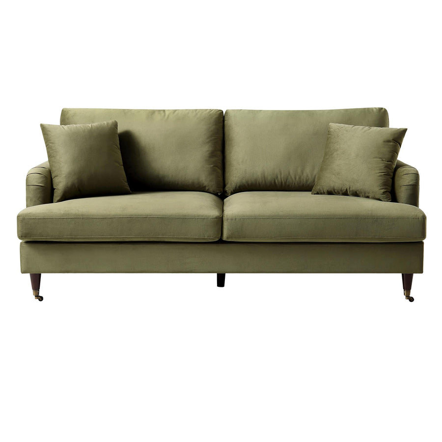 Brigette 3-Seater Olive Green Velvet Sofa with Antique Brass Castor Legs