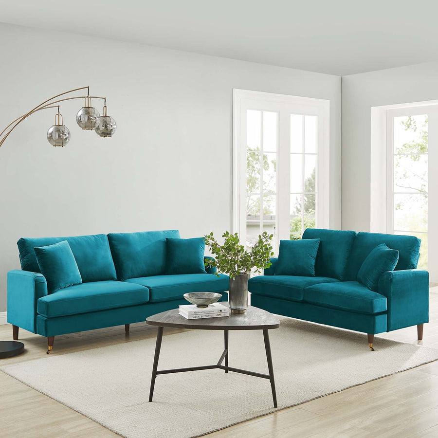 Brigette 3-Seater Teal Velvet Sofa with Antique Brass Castor Legs