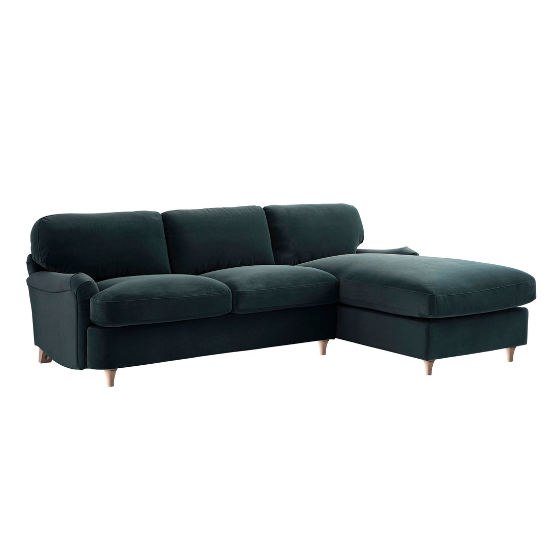 Daphnis Aegean Blue Velvet Sofa, Grande Chaise Right Hand Facing