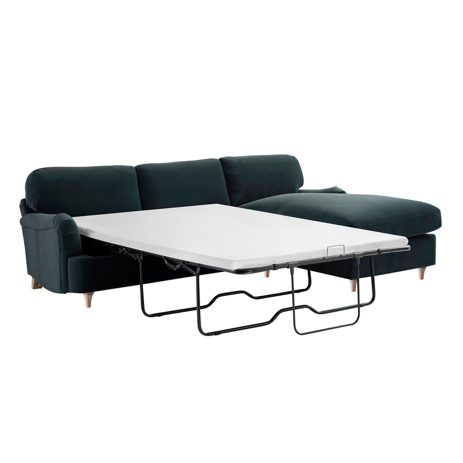 Daphnis Aegean Blue Velvet Sofa, Grande Chaise Right Hand Facing