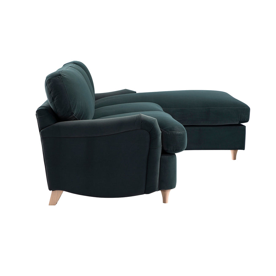 Daphnis Aegean Blue Velvet Sofa, Grande Chaise Right Hand Facing