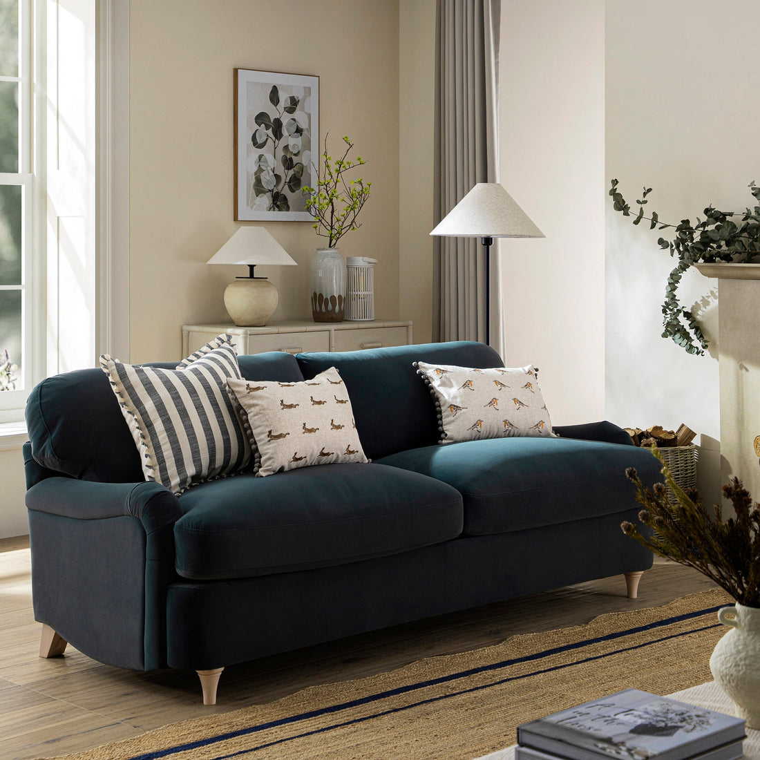 Daphnis Aegean Blue Velvet Sofa Large 3-Seater