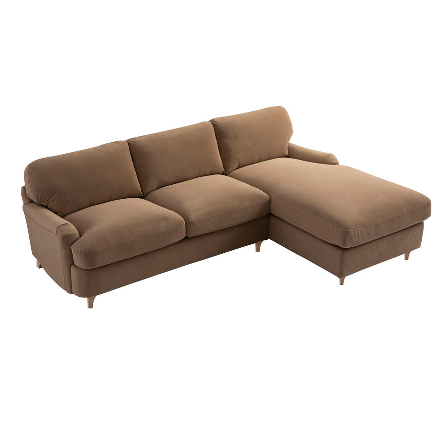 Daphnis Camel Velvet Sofa, Grande Chaise Right Hand Facing