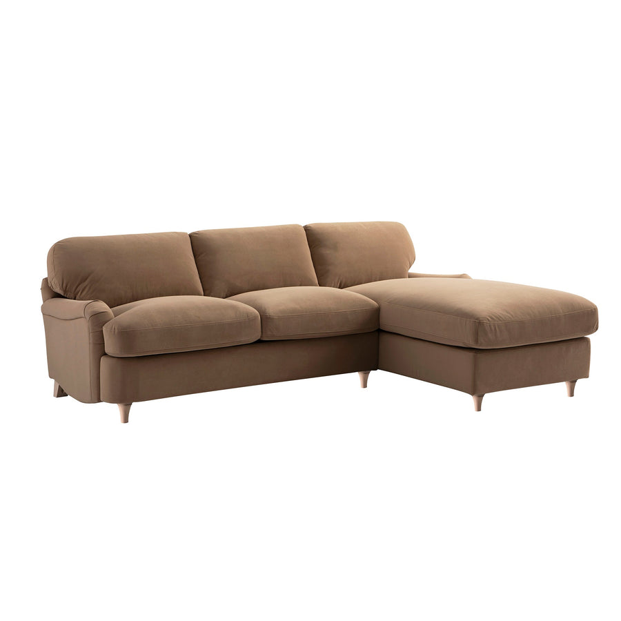Daphnis Camel Velvet Sofa, Grande Chaise Right Hand Facing