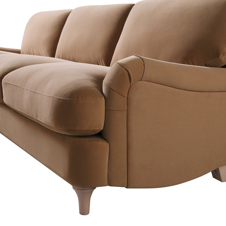 Daphnis Camel Velvet Sofa, Grande Chaise Sofa Left Hand Facing