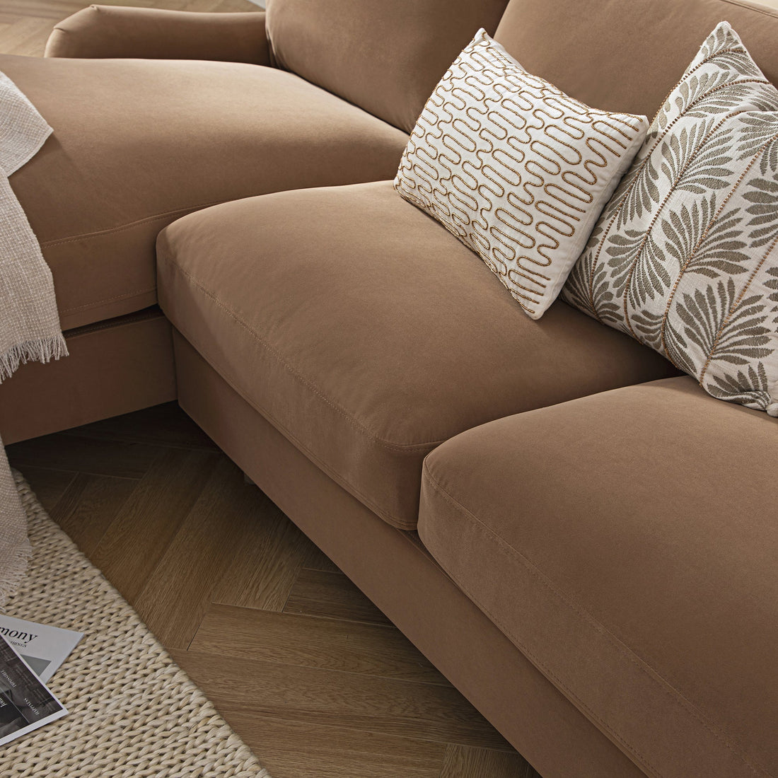 Daphnis Camel Velvet Sofa, Grande Chaise Sofa Left Hand Facing