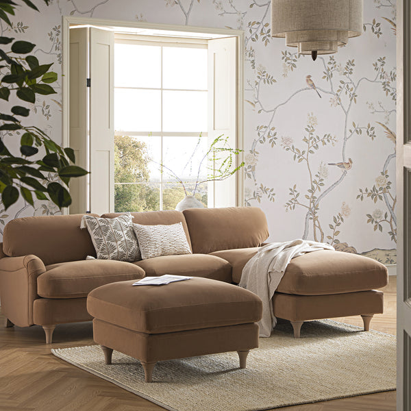 Daphnis Camel Velvet Sofa, Grande Chaise Sofa Right Hand Facing