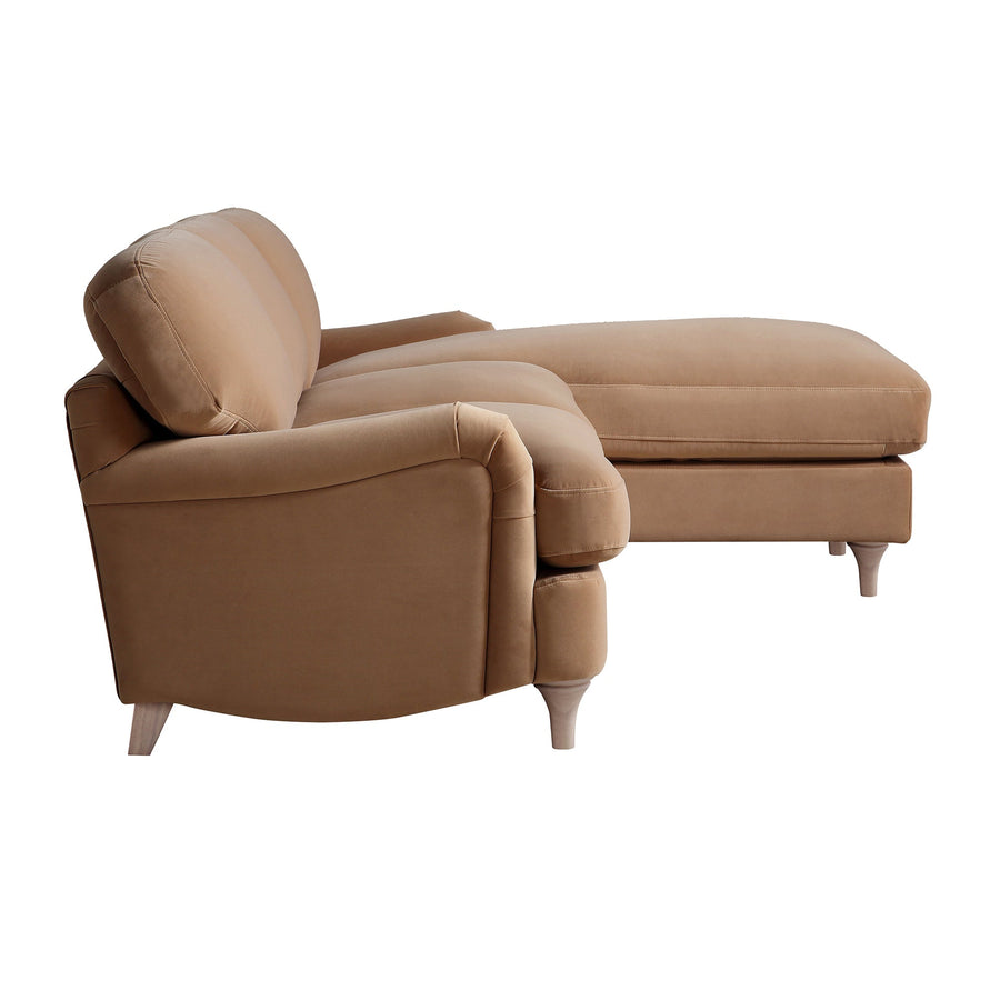 Daphnis Camel Velvet Sofa, Grande Chaise Sofa Right Hand Facing