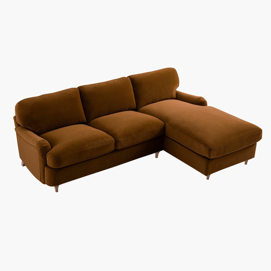 Daphnis Cinnamon Velvet Sofa, Grande Chaise Sofa Right Hand Facing