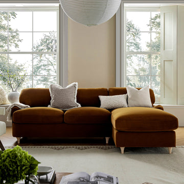 Daphnis Cinnamon Velvet Sofa, Grande Chaise Sofa Right Hand Facing