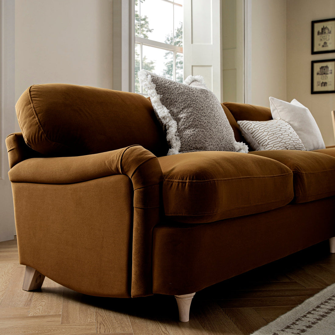 Daphnis Cinnamon Velvet Sofa, Grande Chaise Sofa Right Hand Facing