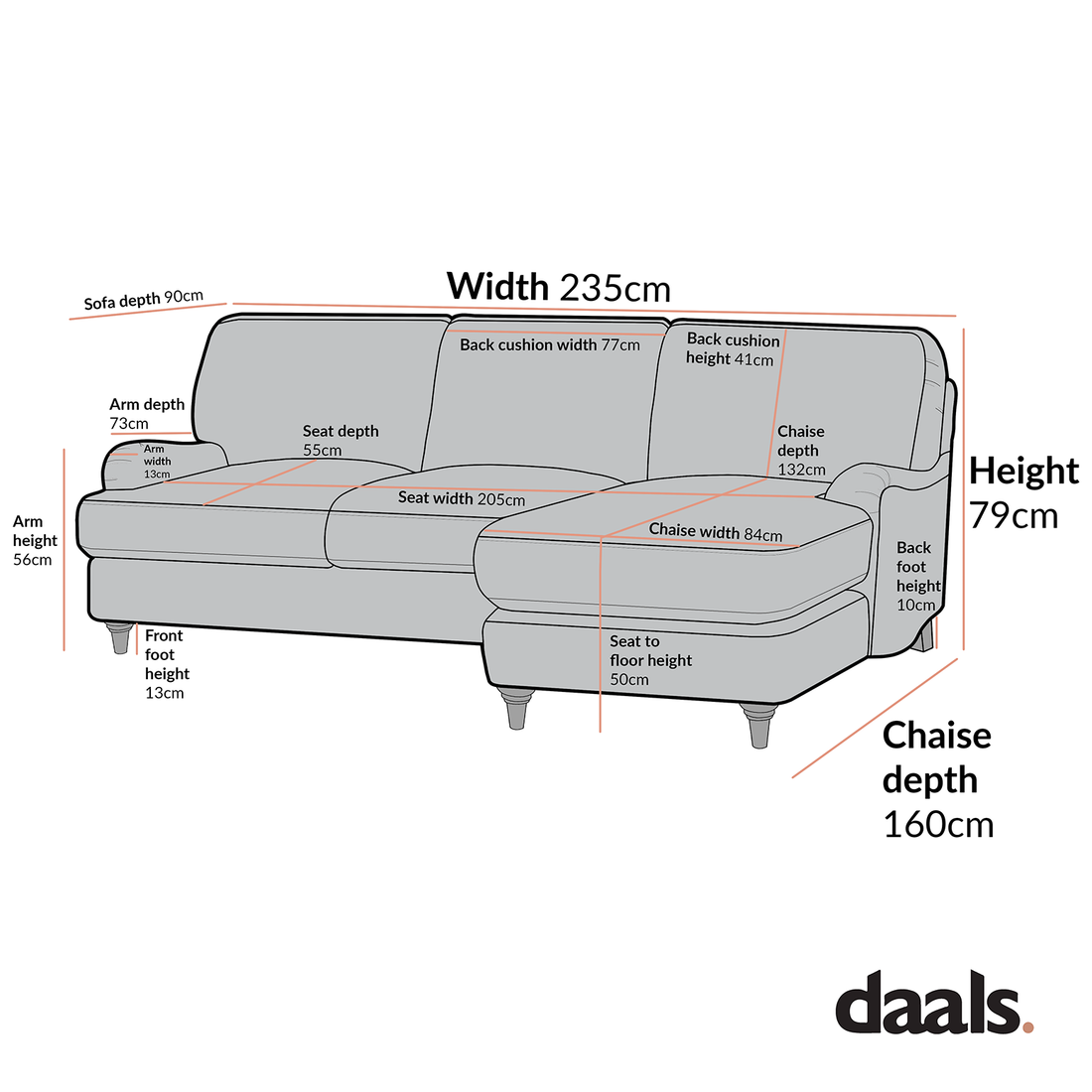 Daphnis Cinnamon Velvet Sofa, Grande Chaise Sofa Right Hand Facing