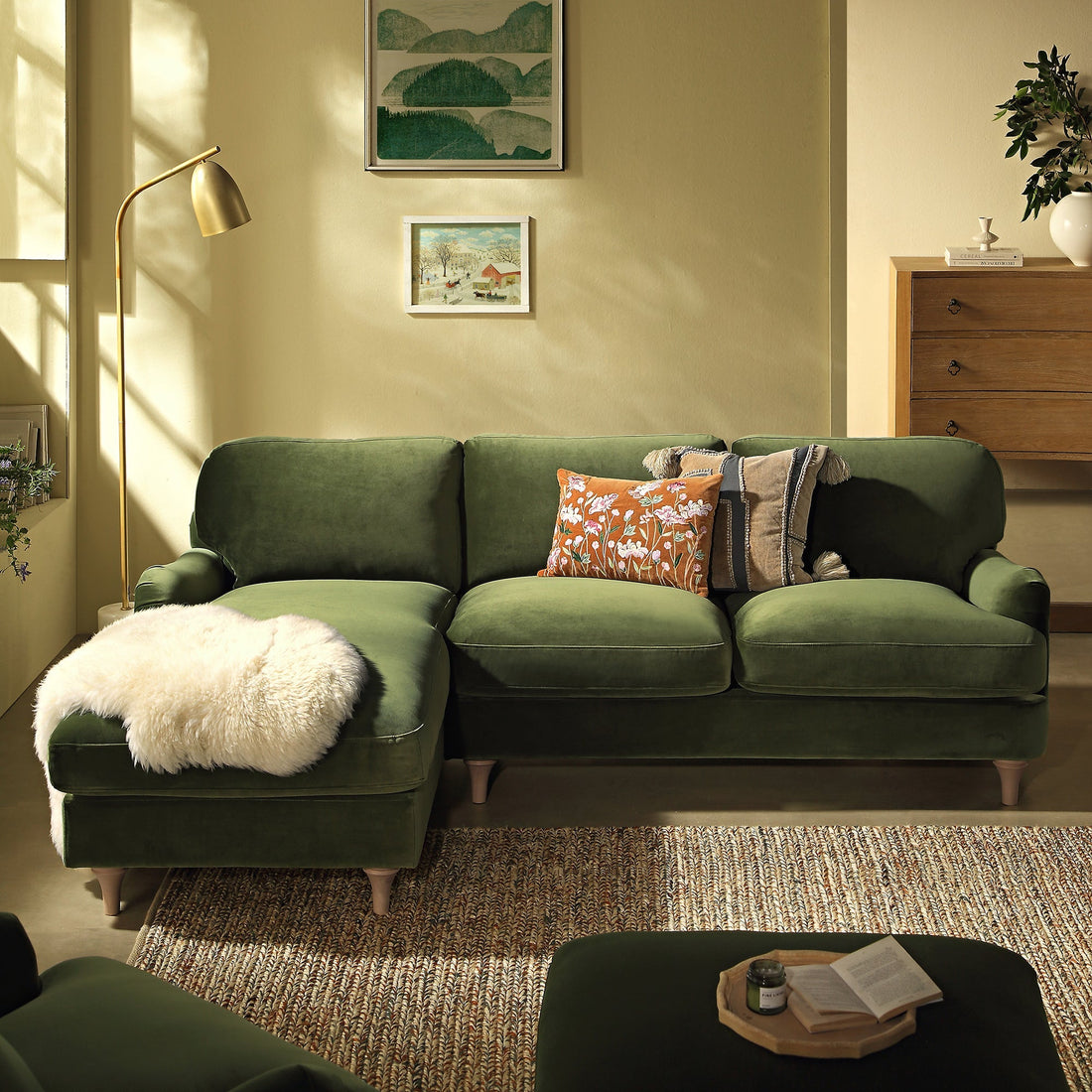 Daphnis Fern Green Velvet Sofa, Grande Chaise Sofa Left Hand Facing