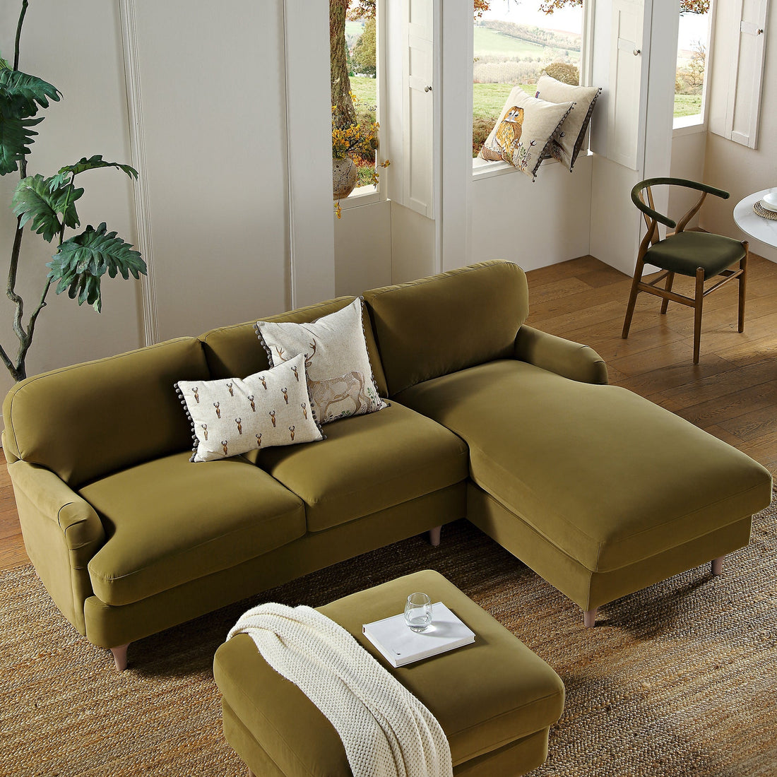 Daphnis Fudge Velvet Sofa, Grande Chaise Sofa Right Hand Facing