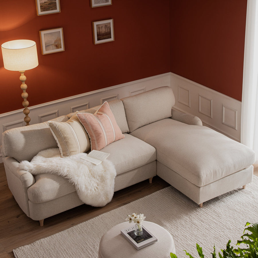 Daphnis Oatmeal Fabric Sofa, Grande Chaise Right Hand Facing