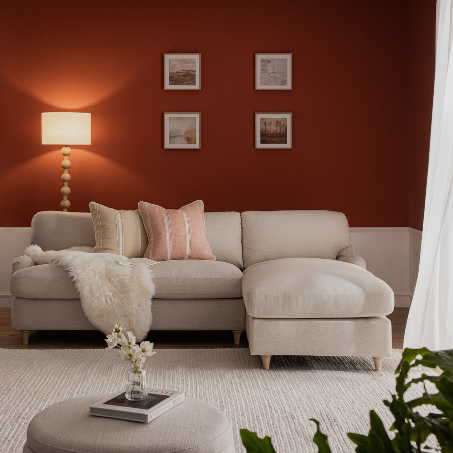 Daphnis Oatmeal Fabric Sofa, Grande Chaise Right Hand Facing