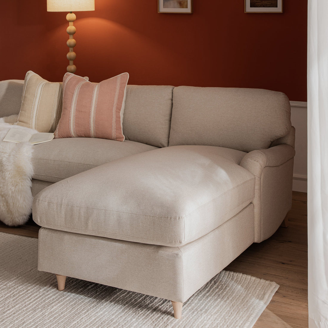 Daphnis Oatmeal Fabric Sofa, Grande Chaise Right Hand Facing