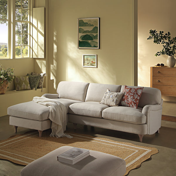 Daphnis Oatmeal Fabric Sofa, Grande Chaise Sofa Left Hand Facing