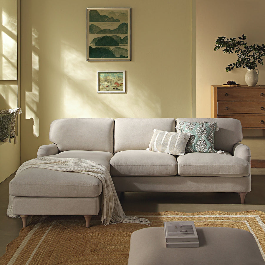Daphnis Oatmeal Fabric Sofa, Grande Chaise Sofa Left Hand Facing