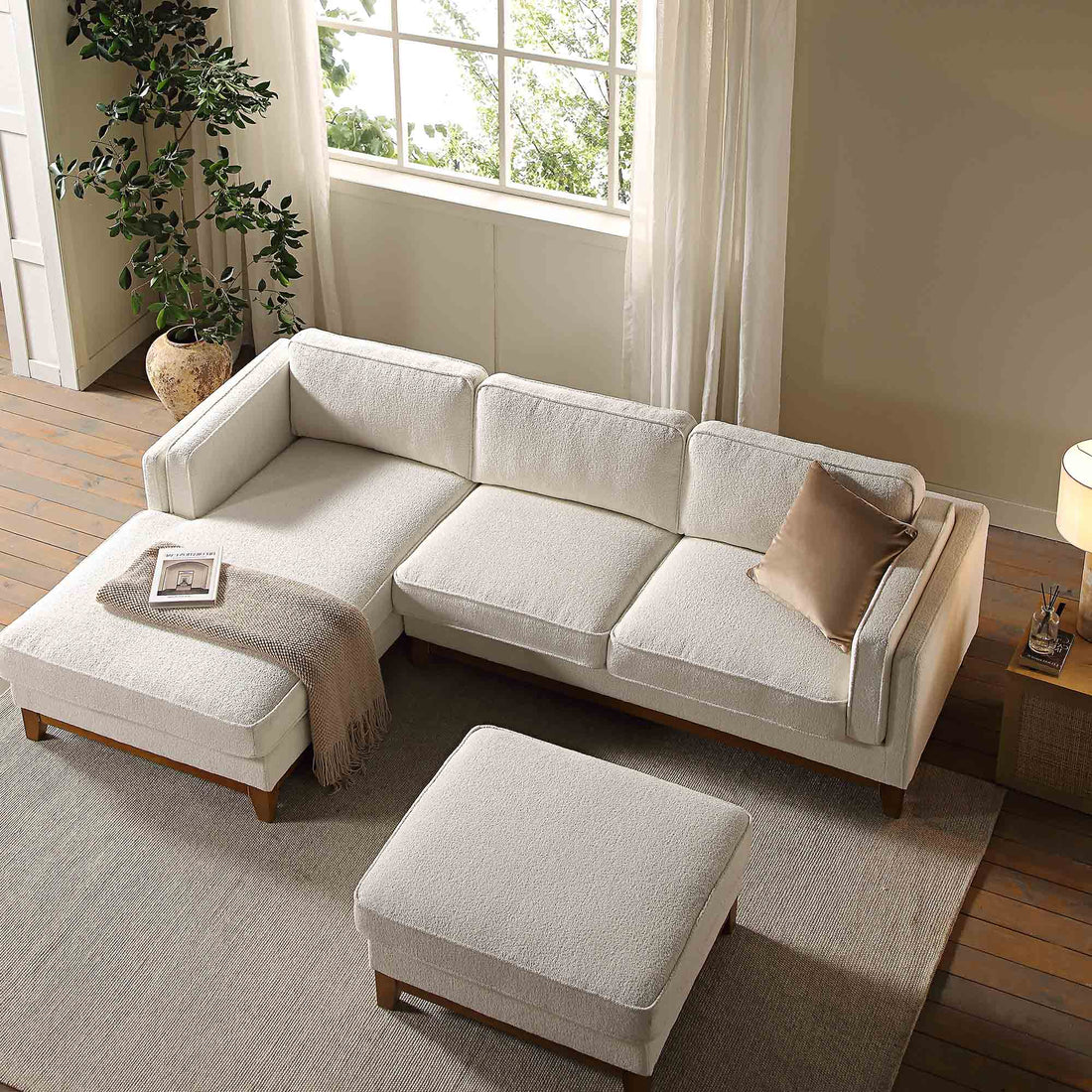 Dipley Beige Boucle Fabric Sofa Grande Chaise Sofa Left Hand Facing