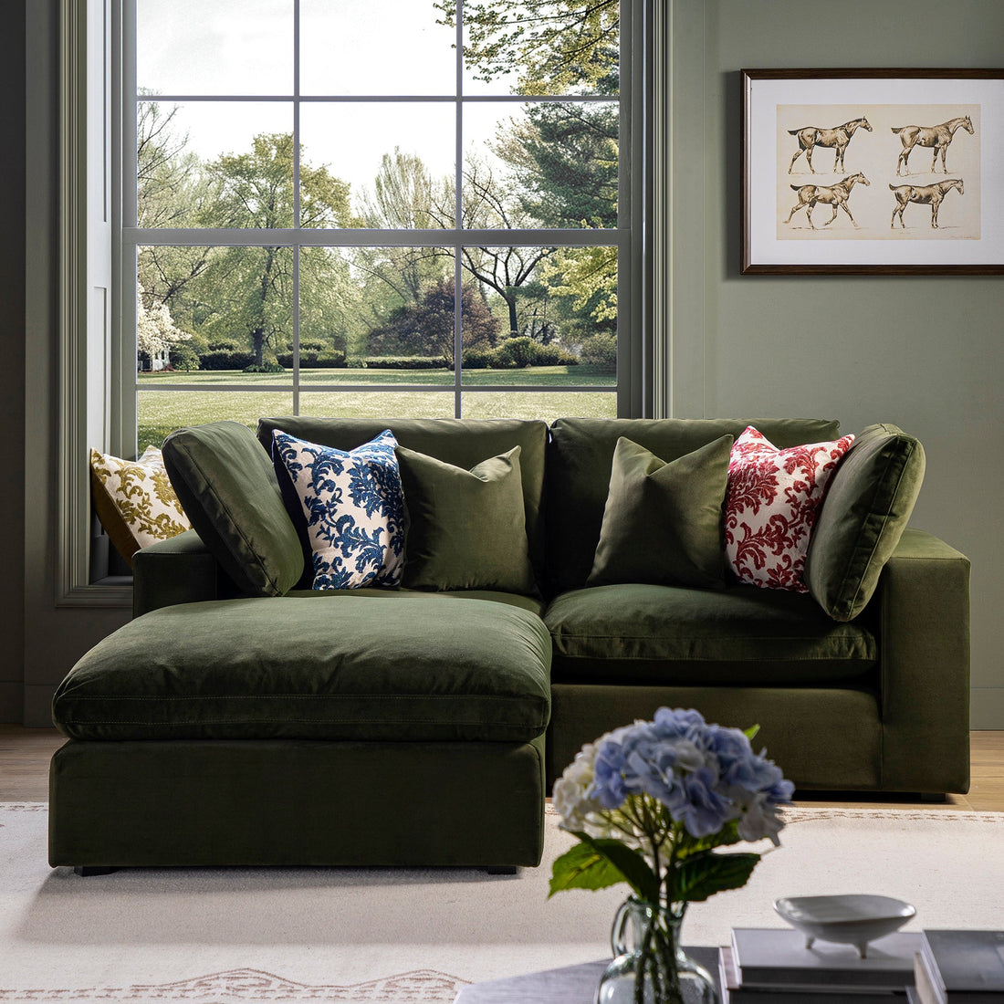 Lutyens Moss Green Velvet Modular Sofa 2-Piece Chaise