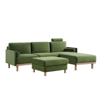Timber Fern Green Velvet Sofa, Large 3-Seater Chaise Sofa Right Hand Facing