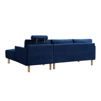 Timber Navy Blue Velvet Sofa, Large 3-Seater Chaise Sofa Right Hand Facing