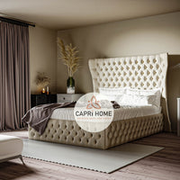 Adrian Fabric Winged Upholstered Bed, Winged Bed, Fabric Bed, Chesterfield Bed, New Bed, Beautiful Bed, Cream Bed,