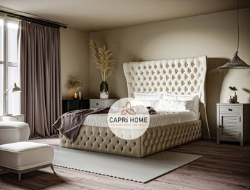 Adrian Fabric Winged Upholstered Bed, Winged Bed, Fabric Bed, Chesterfield Bed, New Bed, Beautiful Bed, Cream Bed,