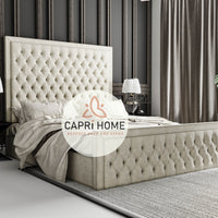 Milo Bumper Square Upholstered Bed, Chesterfield Bedm, Grey Bed, Cream bed, Fabric Bed, Upholstered Bed