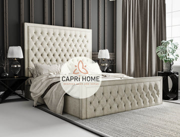 Milo Bumper Square Upholstered Bed, Chesterfield Bedm, Grey Bed, Cream bed, Fabric Bed, Upholstered Bed