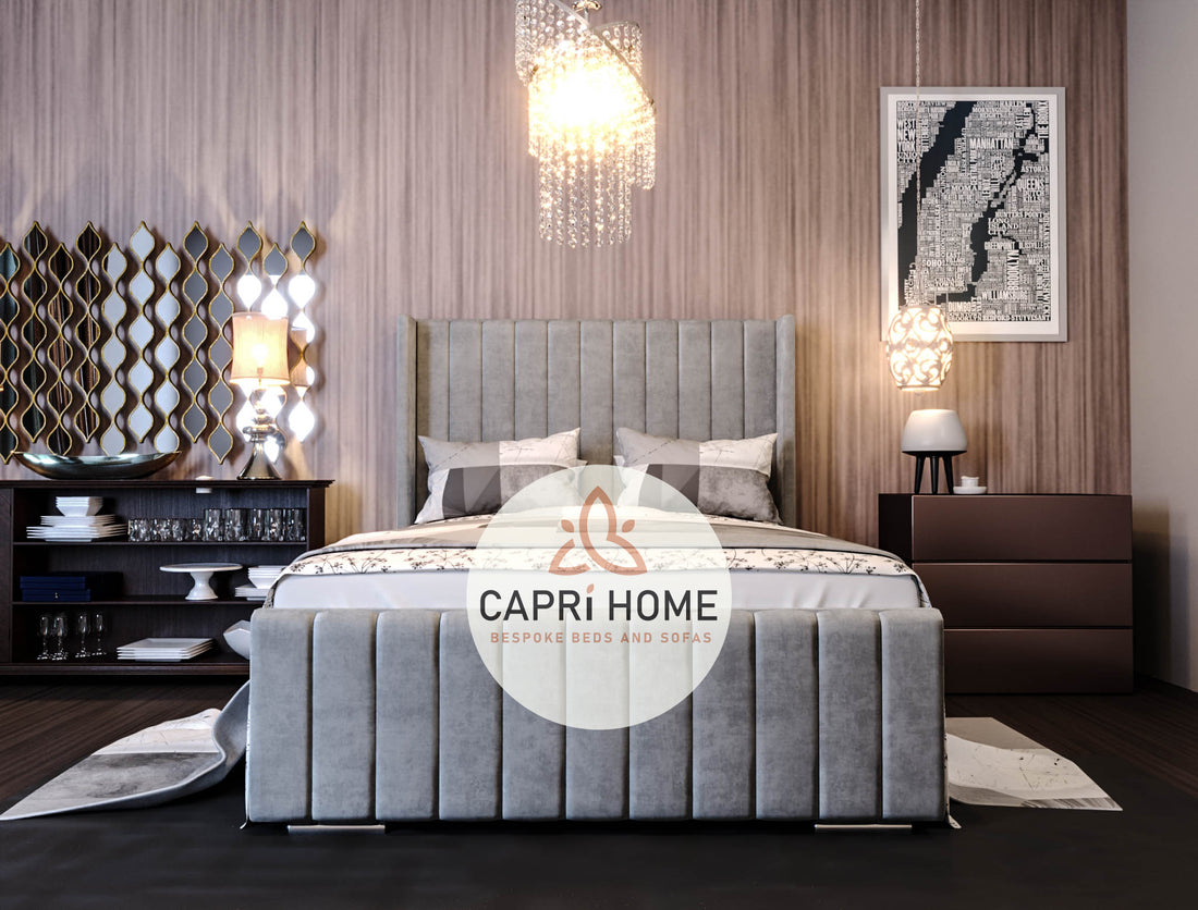 Hepburn Stripe Line Panel Upholstererd Bed, Stripe Bed, New Bed, Chesterfield Bed, Fabric Bed