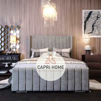 Hepburn Stripe Line Panel Upholstererd Bed, Stripe Bed, New Bed, Chesterfield Bed, Fabric Bed