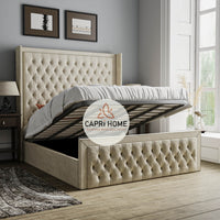 Maddison Winged Bumber Upholstered Chesterfield Bed, Winged Bed, Cream Bed, Chesterfield Bed, Beautiful Bed, Fabric Bed, Upholstered Bed