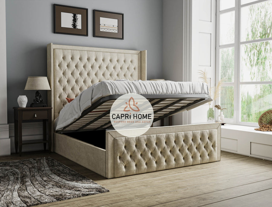 Maddison Winged Bumber Upholstered Chesterfield Bed, Winged Bed, Cream Bed, Chesterfield Bed, Beautiful Bed, Fabric Bed, Upholstered Bed