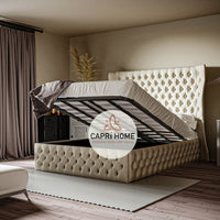 Adrian Fabric Winged Upholstered Bed, Winged Bed, Fabric Bed, Chesterfield Bed, New Bed, Beautiful Bed, Cream Bed,