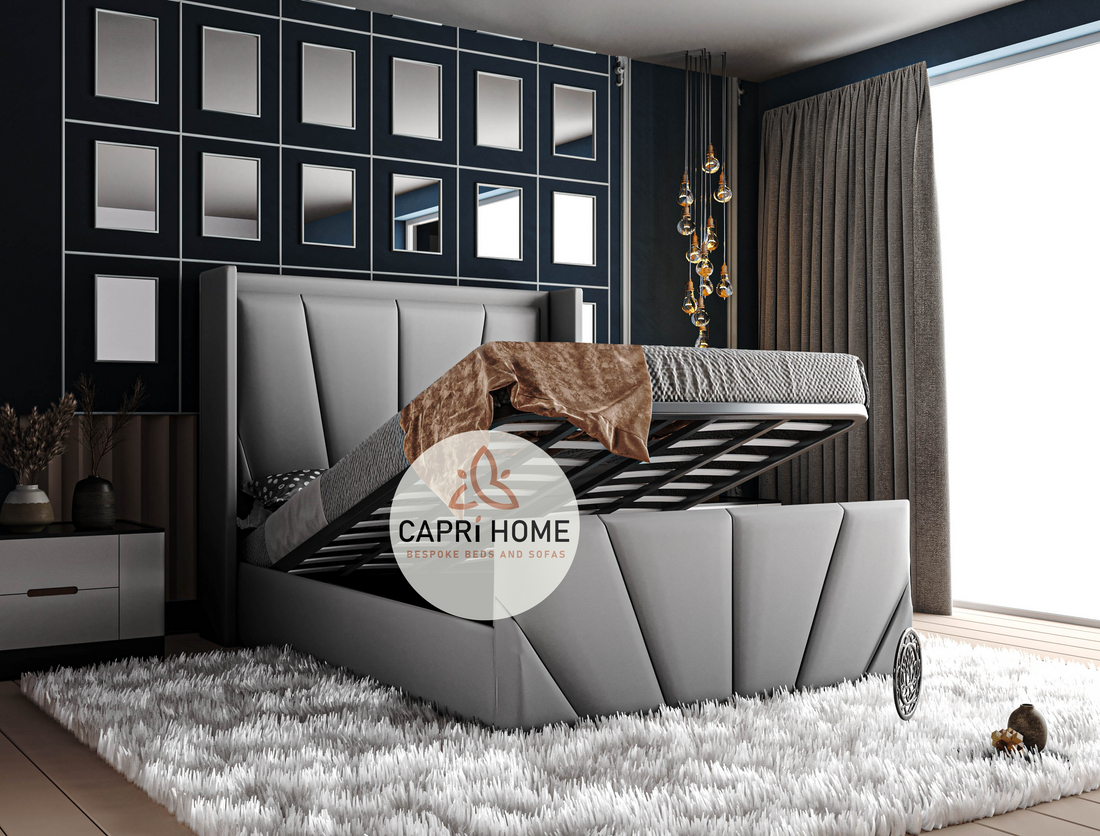 Penelope Horizon Upholstered Winged Bed, Winged Bed, Cut Line Bed, Chesterfield Bed, Upholstered Bed, New Bed, Fabric Bed, Grey Bed