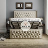 Maddison Winged Bumber Upholstered Chesterfield Bed, Winged Bed, Cream Bed, Chesterfield Bed, Beautiful Bed, Fabric Bed, Upholstered Bed