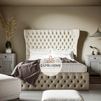 Adrian Fabric Winged Upholstered Bed, Winged Bed, Fabric Bed, Chesterfield Bed, New Bed, Beautiful Bed, Cream Bed,