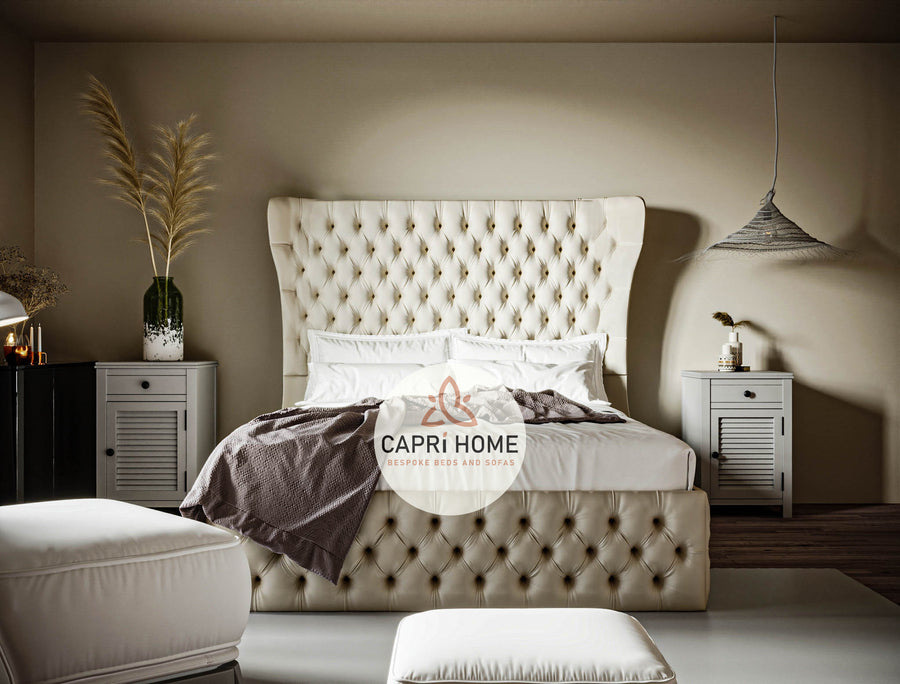 Adrian Fabric Winged Upholstered Bed, Winged Bed, Fabric Bed, Chesterfield Bed, New Bed, Beautiful Bed, Cream Bed,