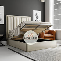 Lionel Linear Stripe Line Upholstered Bed, Ottoman Gas Lift Bed, Stripe Line Bed, Fabric Upholstered Bed, New Bed, Cream Bed