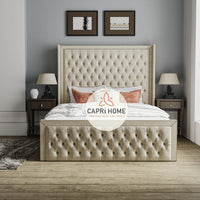 Maddison Winged Bumber Upholstered Chesterfield Bed, Winged Bed, Cream Bed, Chesterfield Bed, Beautiful Bed, Fabric Bed, Upholstered Bed